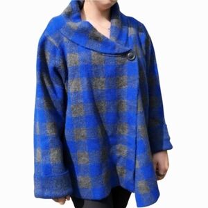 Buffalo Plaid Blue Grey Check Open Swing Soft Wool Knit Wrap Sweater (OS)